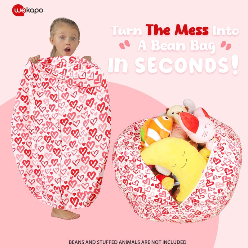 WEKAPO Stuffed Animal Storage Bean Bag Chair Cover for Kids | Stuffable Zipper Beanbag for Organizing Children Plush Toys Large Premium Cotton Canvas (Heart  X-Large) - Image 3